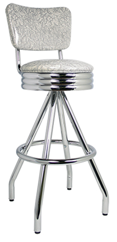400-49NSRB - New Retro Dining 30" Revolving Single Foot Ring Stool with Curved Back, Scalloped Ring Seat and Pyramid Legs.