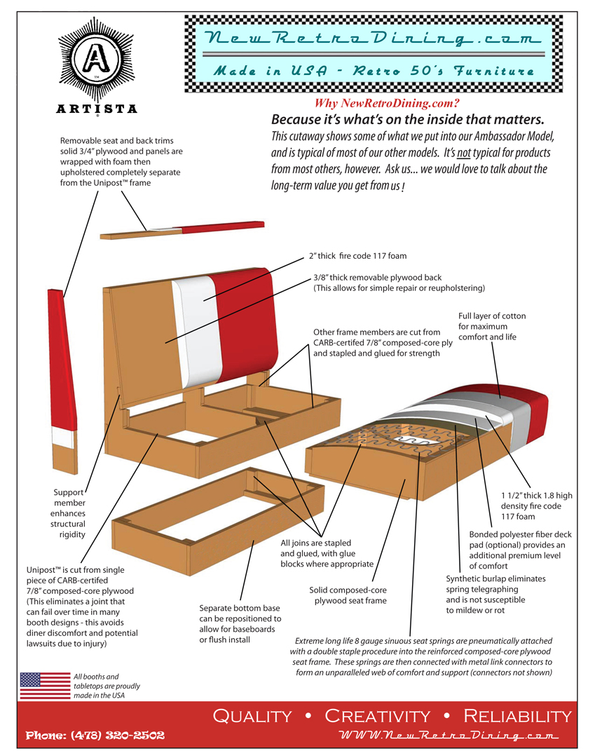 New Retro Dining Bench Cutaway and Specifications