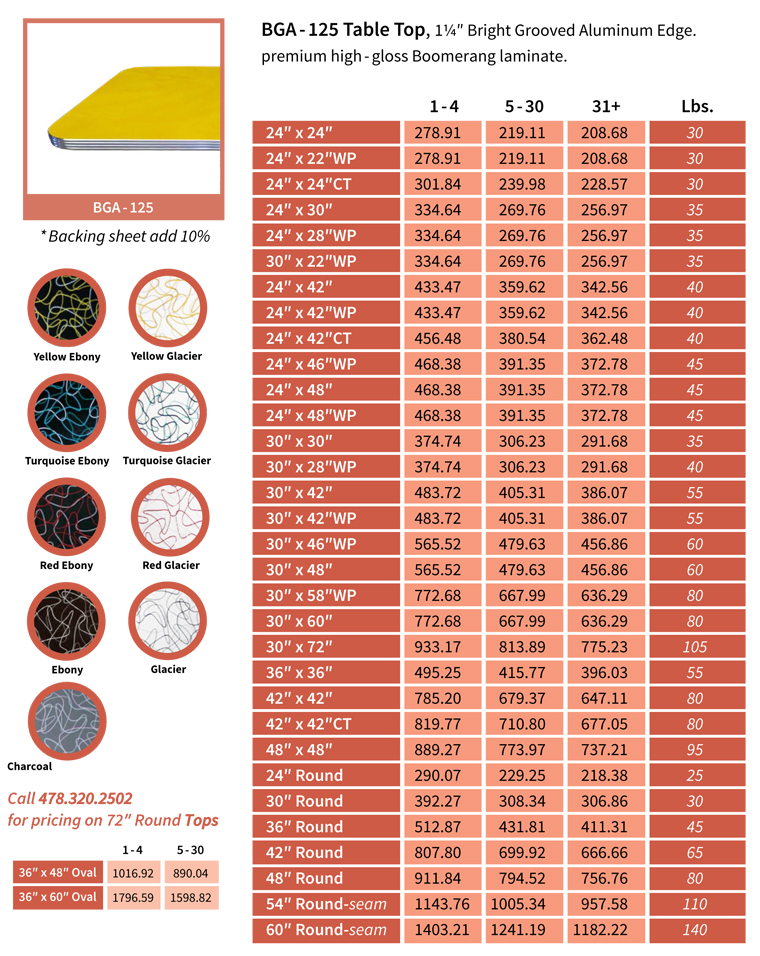 BGA-125 Premium Boomerang Laminate Table Tops