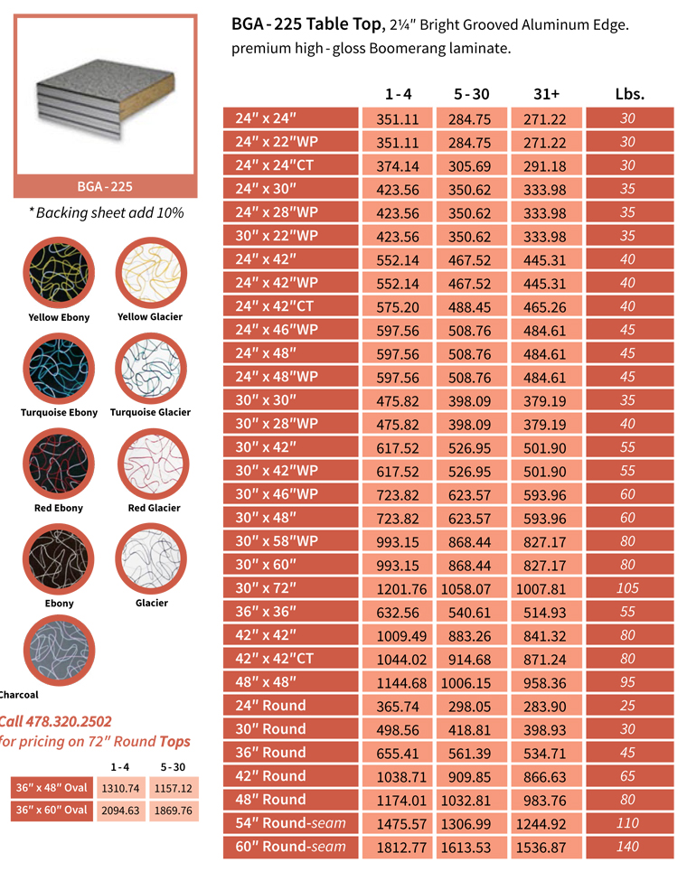 BGA-225 Premium Boomerang Laminate Table Tops